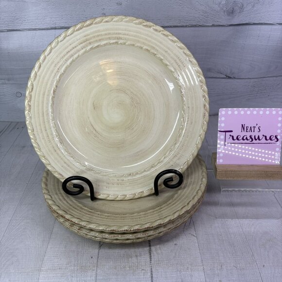 Roscher & Co BELLINI CREAM Embossed Rope Ring Earthenware  Dinner Plates Set 4 - Picture 1 of 16